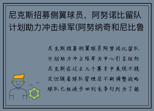 尼克斯招募侧翼球员，阿努诺比留队计划助力冲击绿军(阿努纳奇和尼比鲁)
