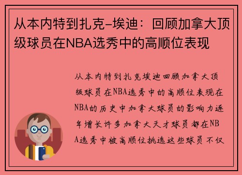从本内特到扎克-埃迪：回顾加拿大顶级球员在NBA选秀中的高顺位表现