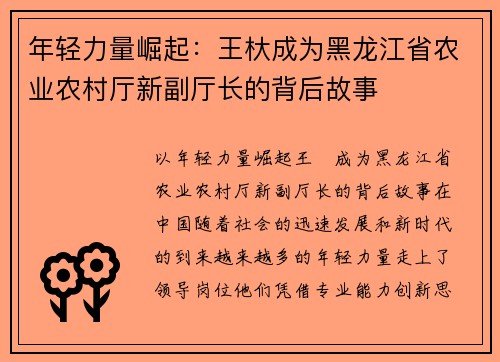 年轻力量崛起：王杕成为黑龙江省农业农村厅新副厅长的背后故事