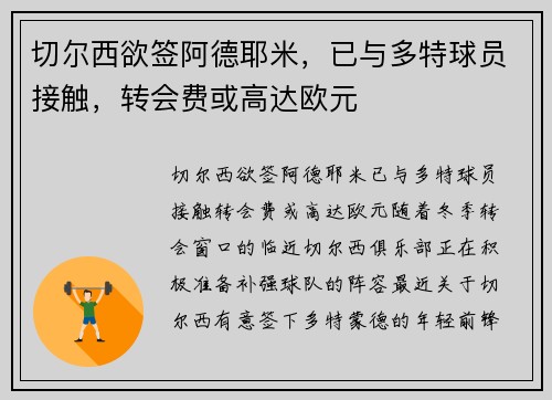 切尔西欲签阿德耶米，已与多特球员接触，转会费或高达欧元